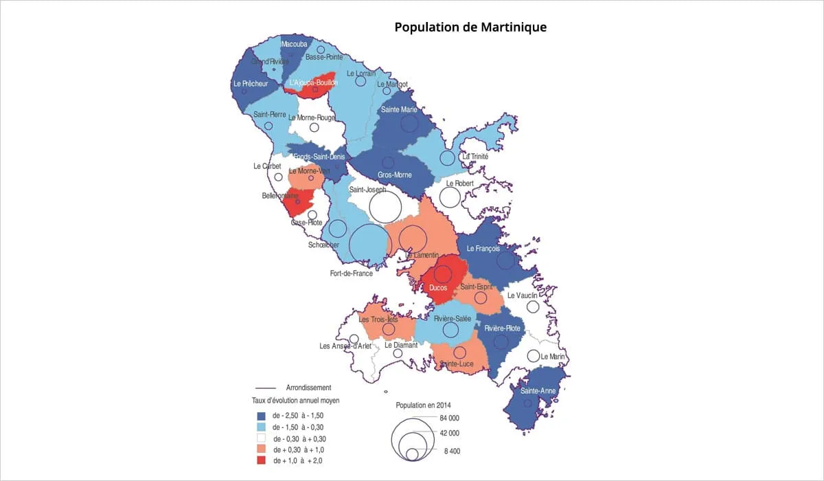 Carte de la Martinique montrant les évolutions de population par commune Carte de la Martinique montrant les évolutions de population par commune
